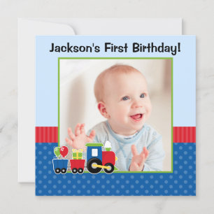 Tåg Polka Dot 1st Birthday Boy Photo Inbjudningar