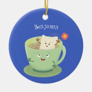 Tågblagetecken kopp tecknad humor julgransprydnad keramik