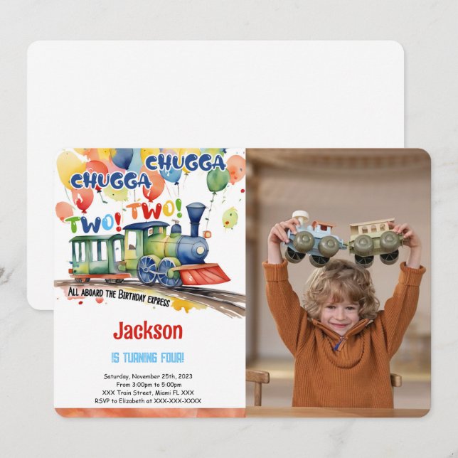 Tågfestfoto på 4-årsdagen inbjudningar (Fram/baksida)
