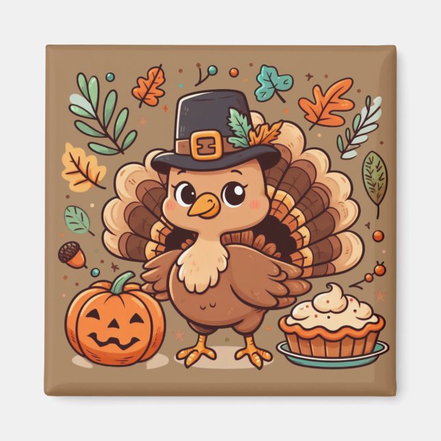 Tågkalkon och pumpa med Tecknad/Thanksgiving Magnet (Framsidan)