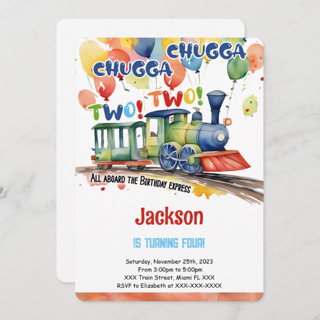 Tågtjej på 4-årsfest inbjudningar (Fram/baksida)