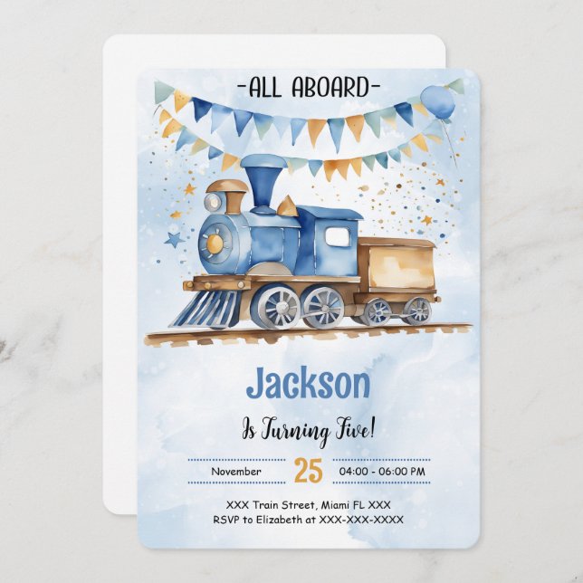 Tågtjej på 5-årsfest inbjudningar (Fram/baksida)