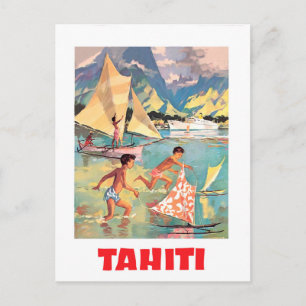 Tahiti, barn leker med båtleksaker i vatten vykort