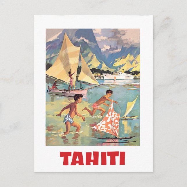 Tahiti, barn leker med båtleksaker i vatten vykort (Framsida)