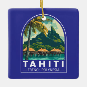 Tahiti Fransk Polynesia Travel Art Emblem Julgransprydnad Keramik