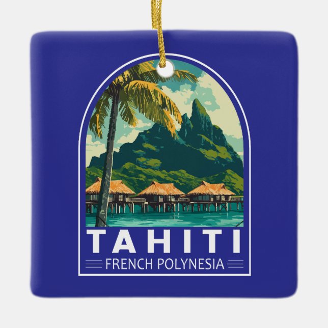 Tahiti Fransk Polynesia Travel Art Emblem Julgransprydnad Keramik (Framsida)