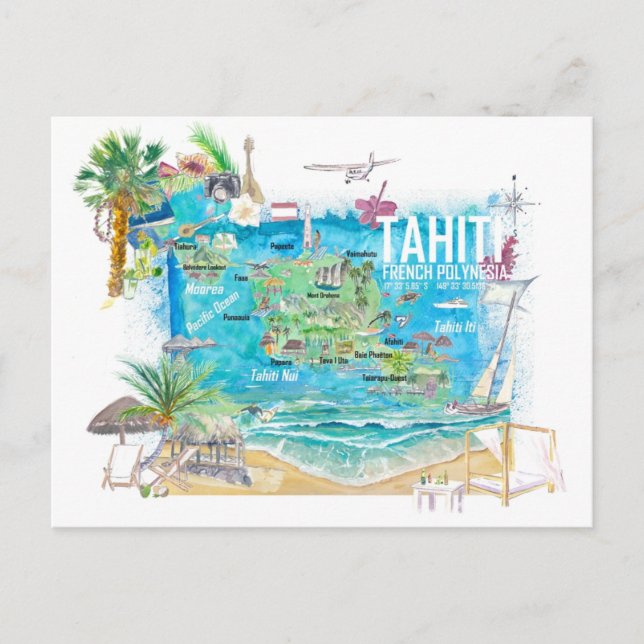 Tahiti Illustrated Travel Karta med vägar Vykort (Framsida)