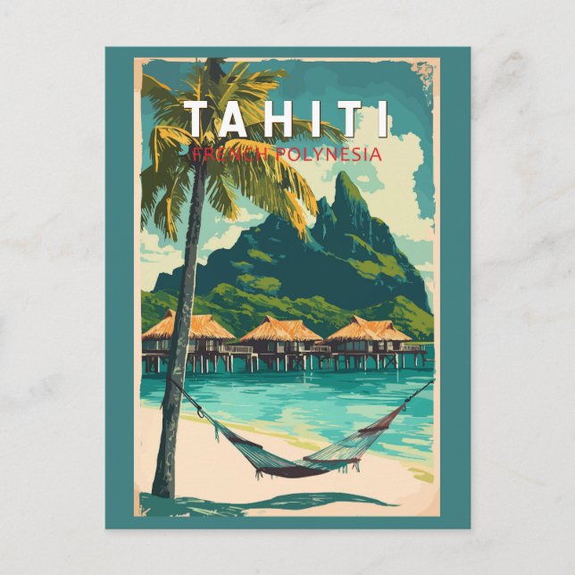Tahiti Illustration Resa Konst Vintage Vykort (Framsida)