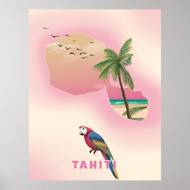Tahiti illustrerade reseaffisch i karta poster (Framsidan)