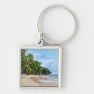 Tahiti Sand Beach Blå himmel Handflatan Träd Fyrkantig Silverfärgad Nyckelring