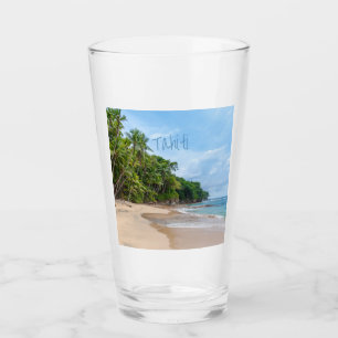 Tahiti Sand Beach Blå himmel Handflatan Träd Glaskopp