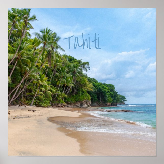 Tahiti Sand Beach Blå himmel Handflatan Träd Poster (Framsidan)
