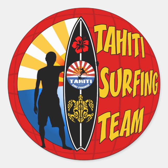 Tahiti Surfing Sticker Runt Klistermärke (Framsida)
