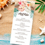 Tahiti | Tropiska öns Blommigt Bröllop Meny<br><div class="desc">Den tropiska öns inspirerade bröllop-meny har en arrangemang av blommor av typen hibiscus,  flamingo och jasmine och handflatan löv med menyalternativen bröllop och namn. Den omvända sidan är en abstrakt fläkt handflatan löv i skuggor av khaki beige och taupe. Perfekt för strand,  destination och tropiska teman.</div>