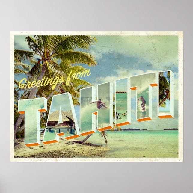 Tahiti vintage fotovykort poster (Framsidan)
