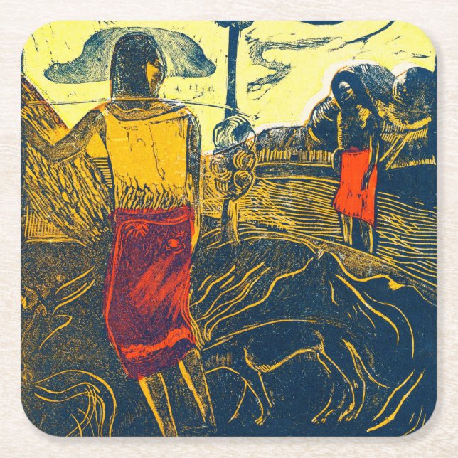 Tahitian Women and Hund, Gauguin Underlägg Papper Kvadrat (Framsidan)