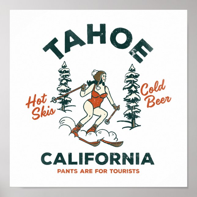Tahoe, California Funny Retro Skiing & Beer Art Poster (Framsidan)
