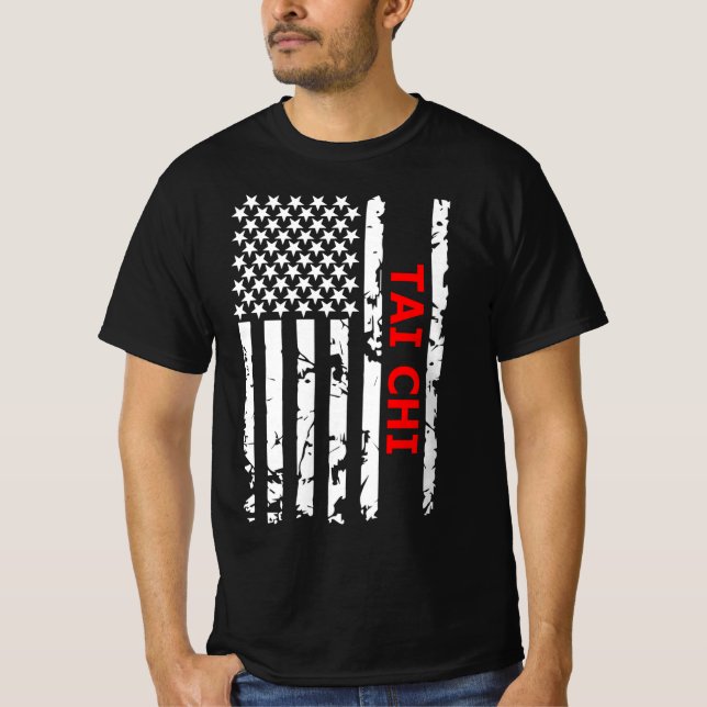 Tai Chi Coola Black and White USA flagga T Shirt (Framsida)