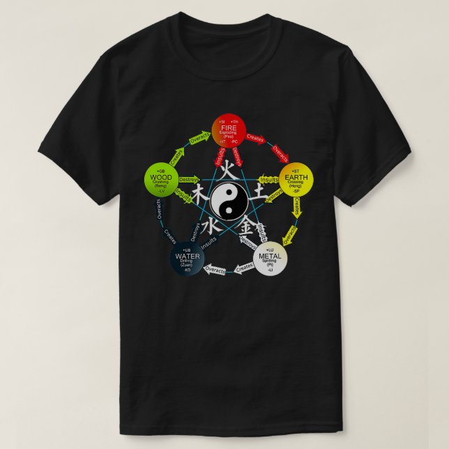 Tai Chi Yin Yang Fem Inslag kinesiska T Shirt (Design framsida)
