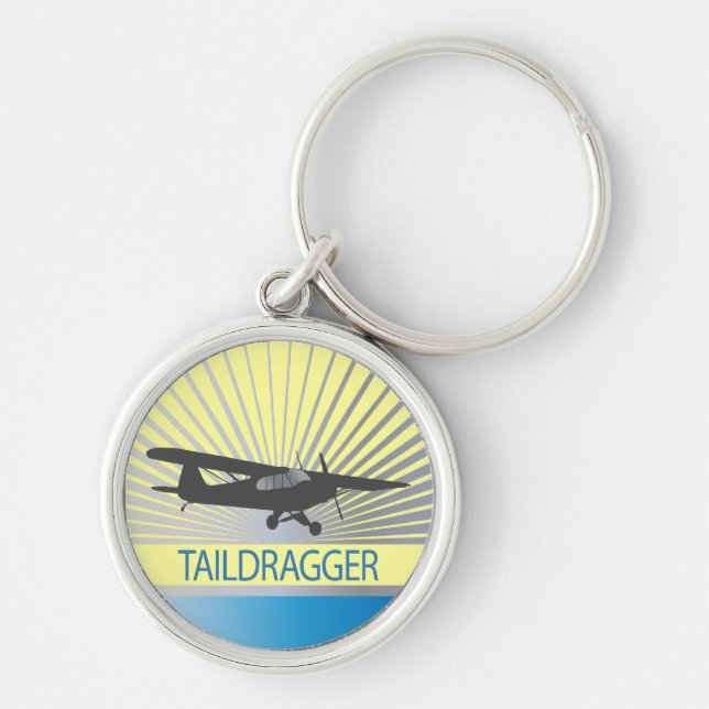 Taildragger-flygplan Rund Silverfärgad Nyckelring (Framsidan)