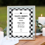 Tailgate Celebrate Black Möhippa Drink Menu Poster<br><div class="desc">Avslappnad,  men sofistikerad grillkrets med menytecknet "Tailgate & Celebrate" par möhippa för ett par har en liten fläskmotiv,  anpassningsbar text i westerna stil typsnitt och en rulla och rand som är utformad för inslag. Svart och vit design och text med samordning av gingham sommartablett,  plaid mönster gräns.</div>