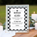 Tailgate Celebrate Black Möhippa Game Poster<br><div class="desc">Avslappnad,  men sofistikerad grillskylt,  "Tailgate & Celebrate" par möhippa Jenga "Giftermål handlar om balans" för ett par har en liten fläskmotiv,  anpassningsbar text i westerna stil typsnitt och rulla och rand design inslag. Svart och vit design och text med samordning av gingham sommartablett,  plaid mönster gräns.</div>
