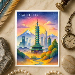 Taipei City Taiwan Siluett Vattenfärg Helg Vykort