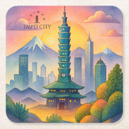Taipei City Taiwan Siluett Vattenfärg Underlägg Papper Kvadrat