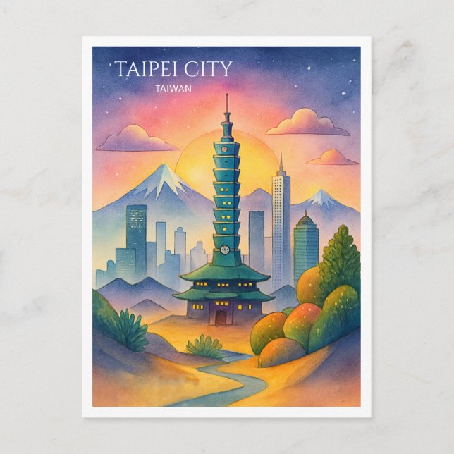 Taipei City Taiwan Skyline Watercolor Helg Vykort (Framsida)