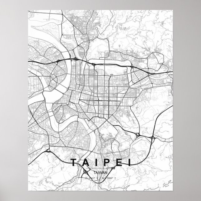 Taipei-minimalistkartan (svart och vit) poster (Framsidan)