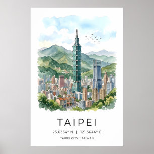 Taipei Siluett Konsttryck Vattenfärg Stadsscen Poster