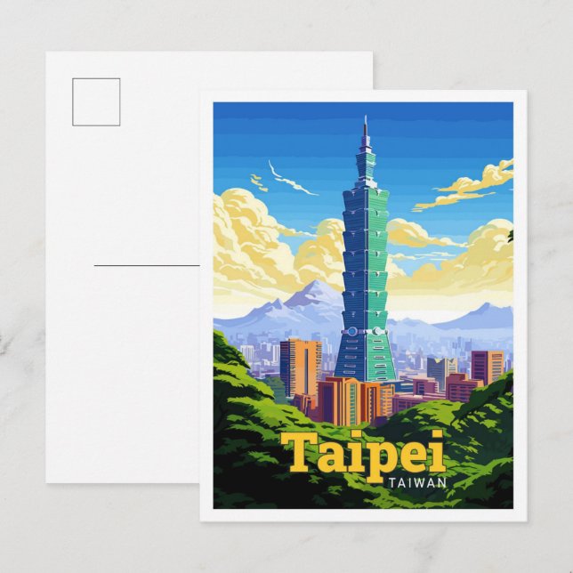Taipei Taiwan Travel Art Vintage Illustration Vykort (Fram/baksida)