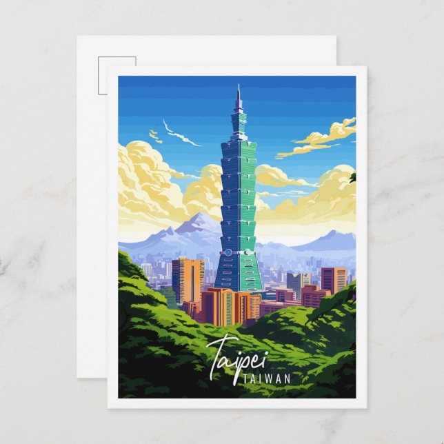 Taipei Taiwan vintage resor illustration Vykort (Fram/baksida)