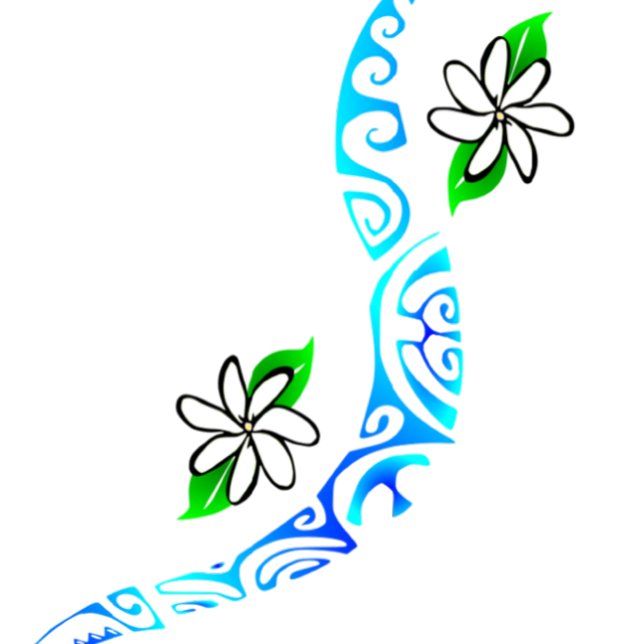 TAITIARE (Bleu) Kudde (Fleurs de Tiaré avec motifs polynésiens "marquisiens". )