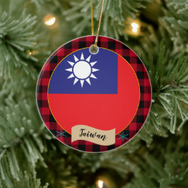 Taiwan, Red buffalo plaid & Taiwanese Flagga Julgransprydnad Keramik