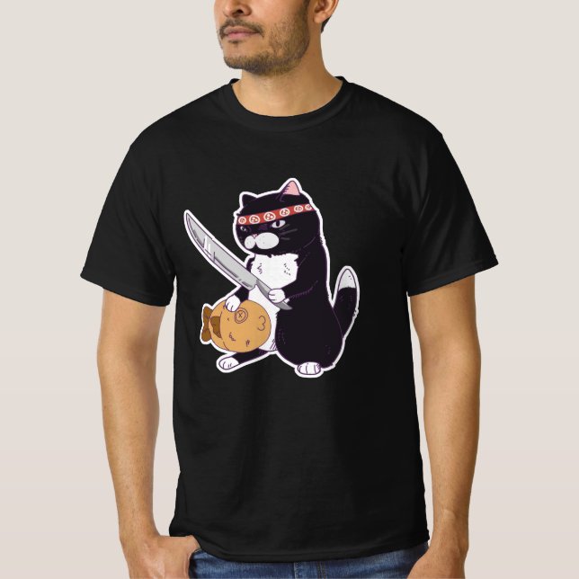 Taiyaki Samurai Cat med Fish, Sushi Cat T Shirt (Framsida)