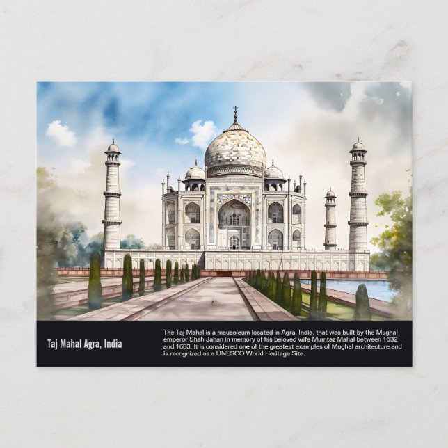 Taj Mahal Agra India Travel Watercolor Painting Vykort (Framsida)