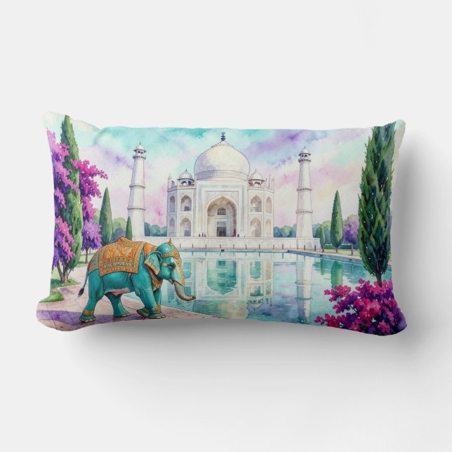 Taj Mahal & Elefant Akvarell Lumbarkudde (Framsida)