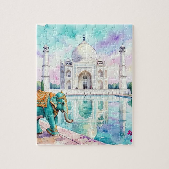 Taj Mahal & Elefant Akvarell Pussel (Vertikal)