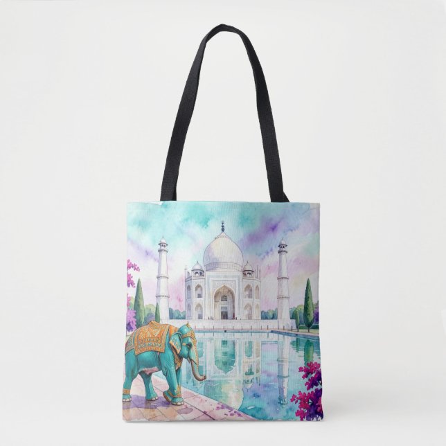Taj Mahal & Elefant Akvarell Tygkasse (Framsida)