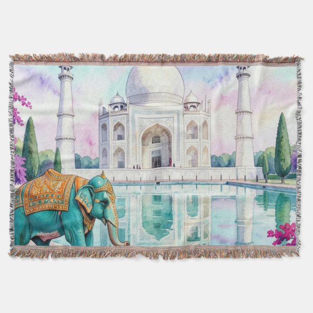 Taj Mahal & Elefant Vattenfärg Filt (Framsidan)