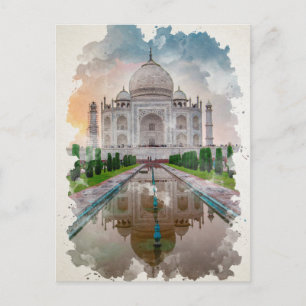 Taj Mahal India Watercolor Art Vykort