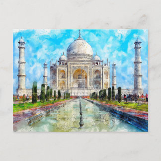 Taj Mahal, indisk vykort för vattenfärg
