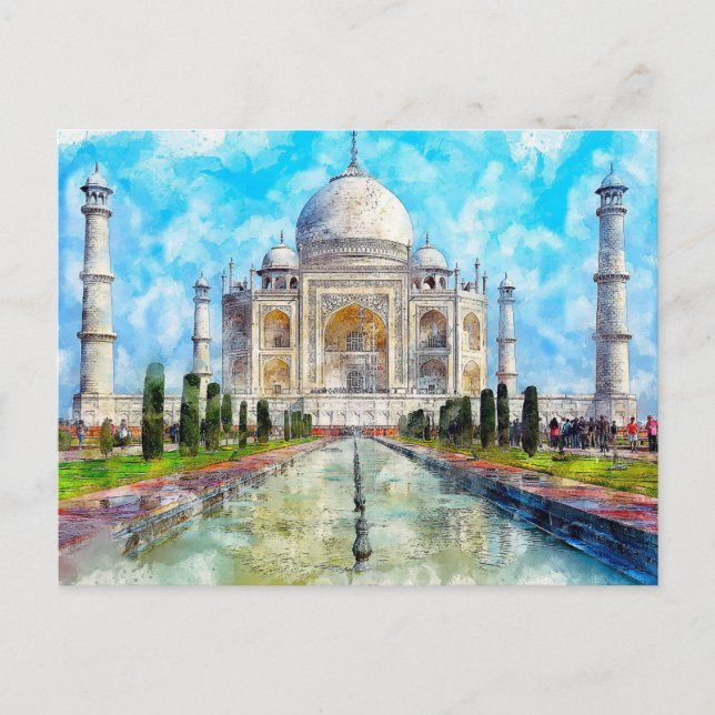 Taj Mahal, indisk vykort för vattenfärg (Framsida)