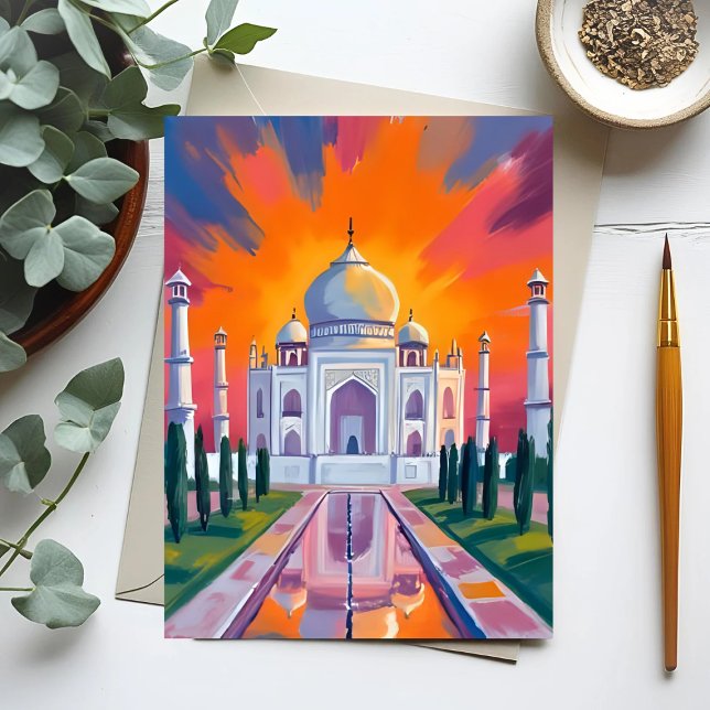 Taj Mahal Watercolor Sunset India Travel Vykort (Skapare uppladdad)