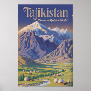 Tajikistan Landskapsillustration Resa Konst Retro Poster