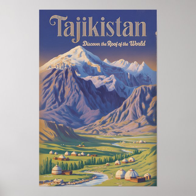 Tajikistan Landskapsillustration Resa Konst Retro Poster (Framsidan)