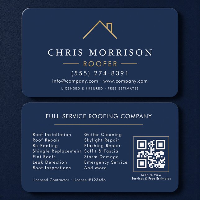 Takläggare Navy Blue Gold QR-kod Visitkort (Skapare uppladdad)