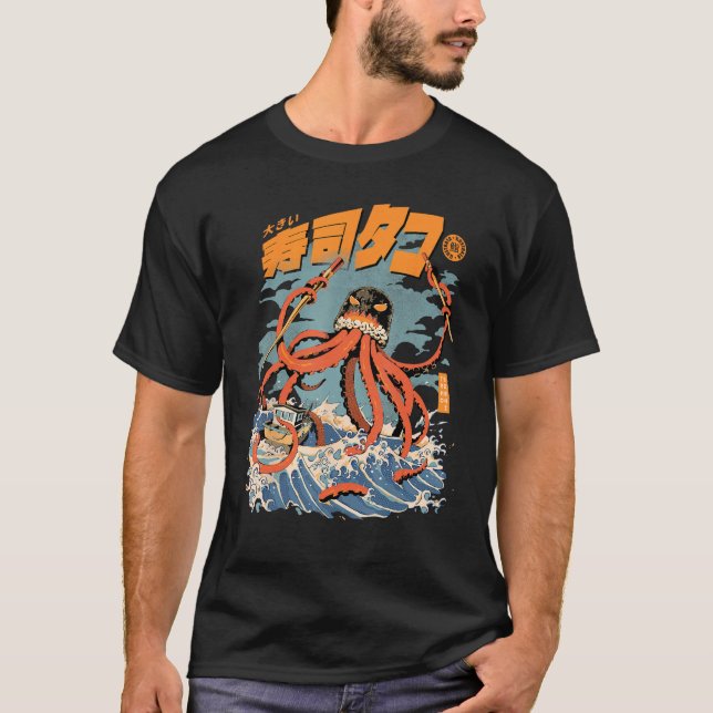 Tako Sushi Attack Octopus Kaiju SeaFood Squid Wave T Shirt (Framsida)