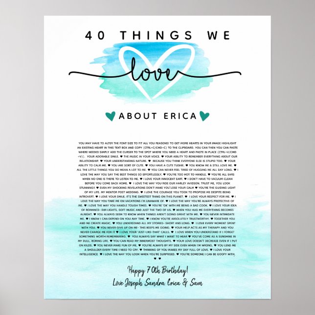 Tal och blå vattenfärg 40 skäl att vi kärlek dig poster (Framsidan)